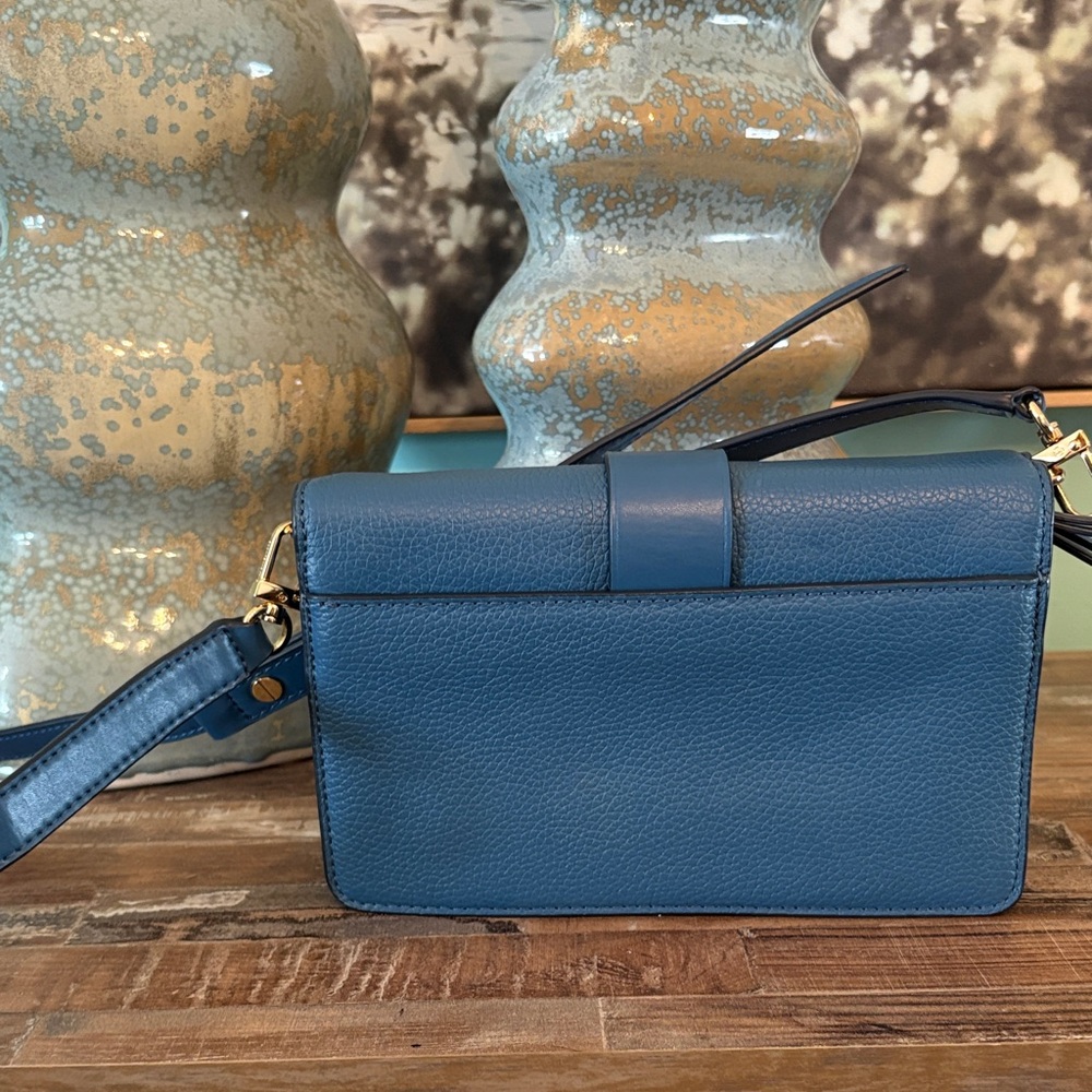 New Michael Kors Denim Blue Pebbled Leather Crossbody with Gold MK Emblem - Picture 7 of 10